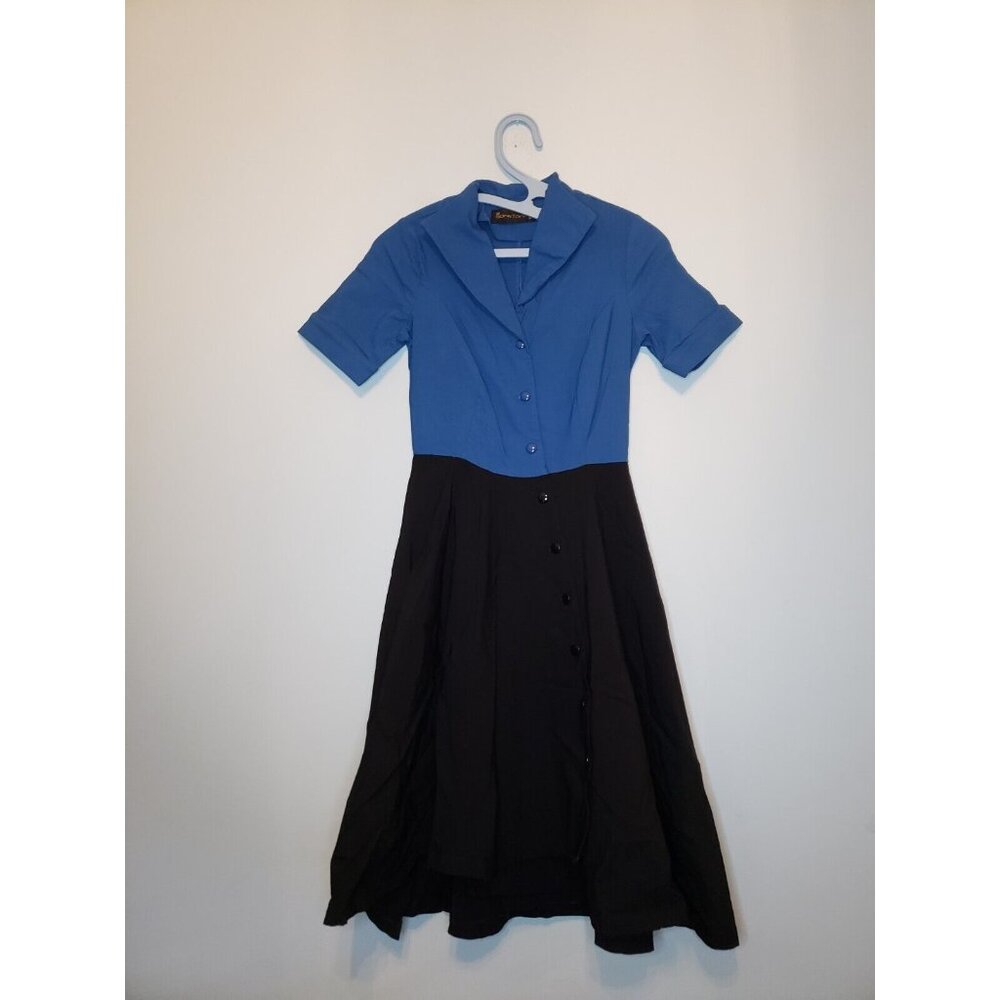 Gown Town Womens S Knee Length Dress Retro Blue Black Button Front Collar Neck